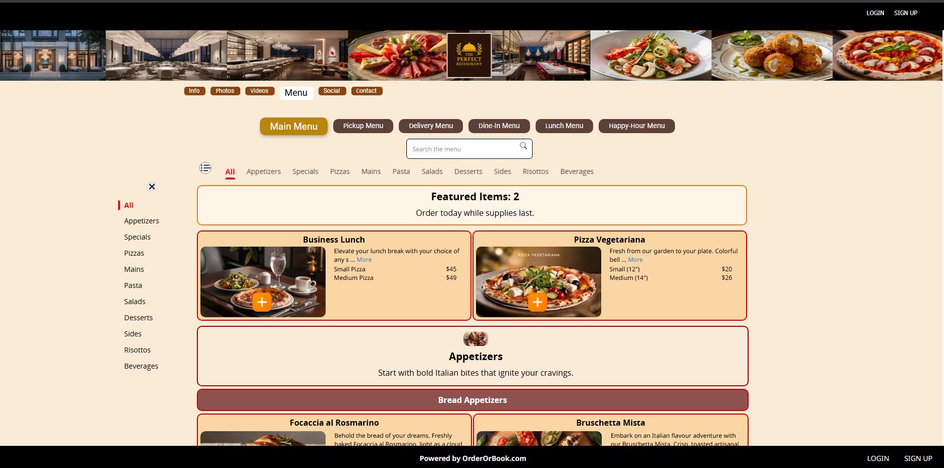 Desktop sample listing showing menu, featured items, categories, search, photos, and checkout