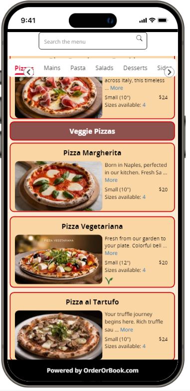 Mobile sample listing showing pizza menu browsing with categories, food photos, item names, and prices