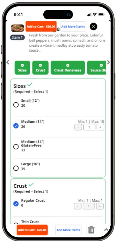 Mobile item customization screen showing sizes, crust choices, tabs, and add-to-cart controls