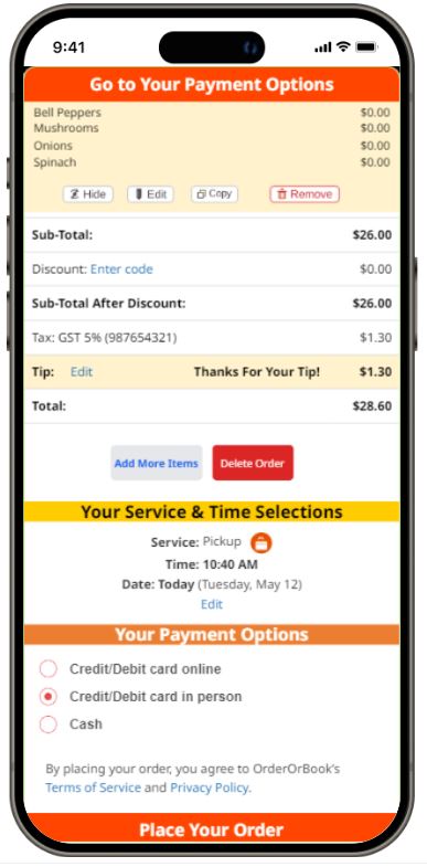 Mobile checkout screen showing service time before payment options